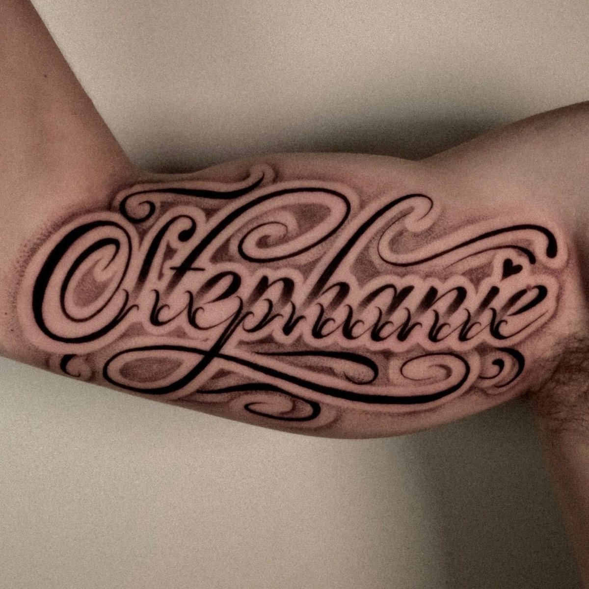 Script, Black & Grey Realism & Cyber tattoo by Daniel at Baroness Tattoo, Garland TX