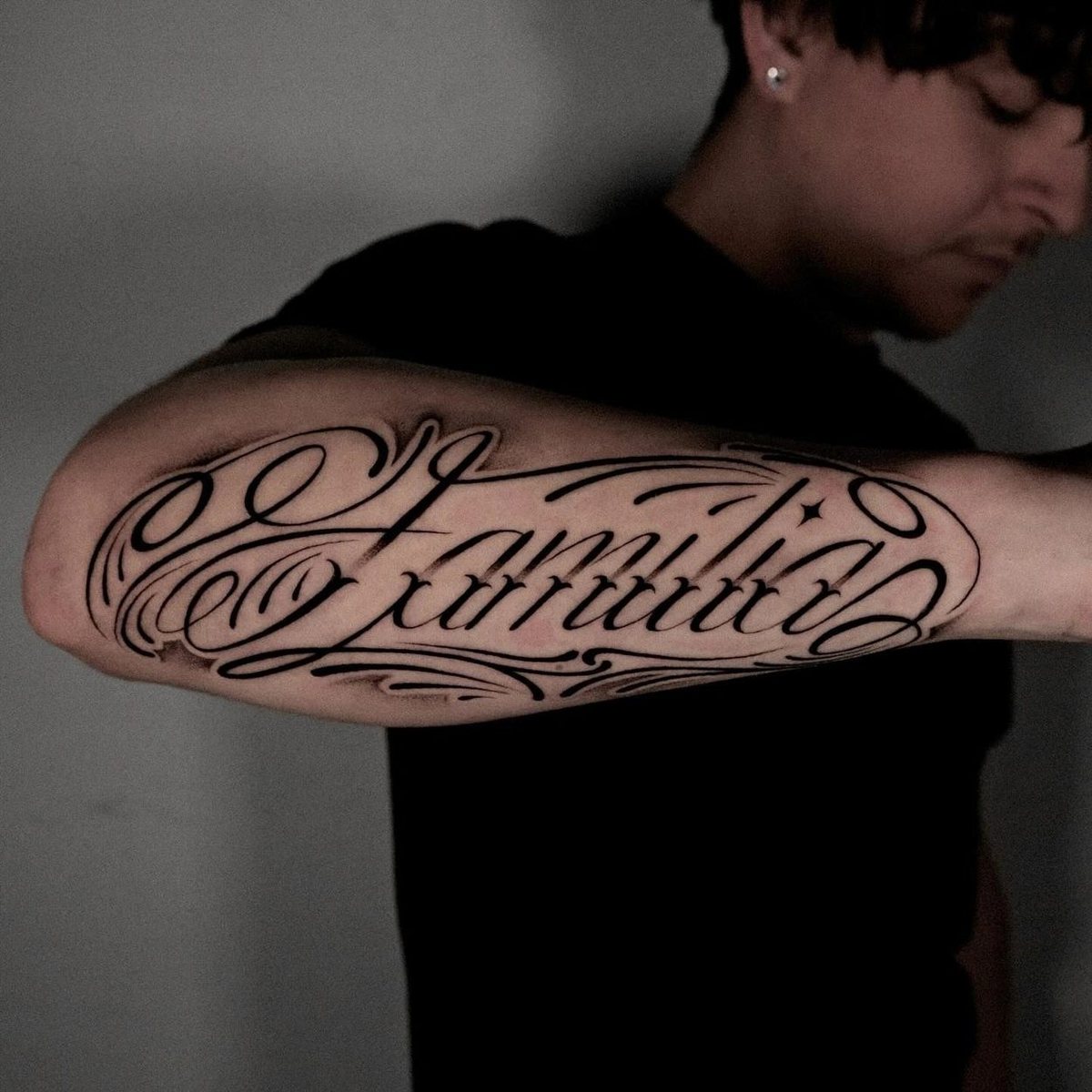 Script, Black & Grey Realism & Cyber tattoo by Daniel at Baroness Tattoo, Garland TX