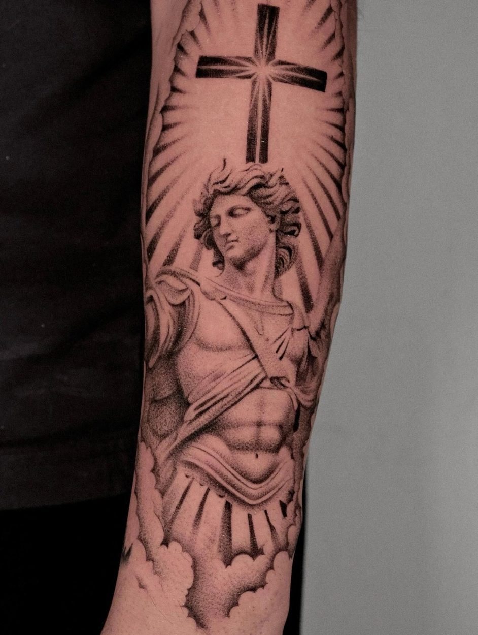 Script, Black & Grey Realism & Cyber tattoo by Daniel at Baroness Tattoo, Garland TX
