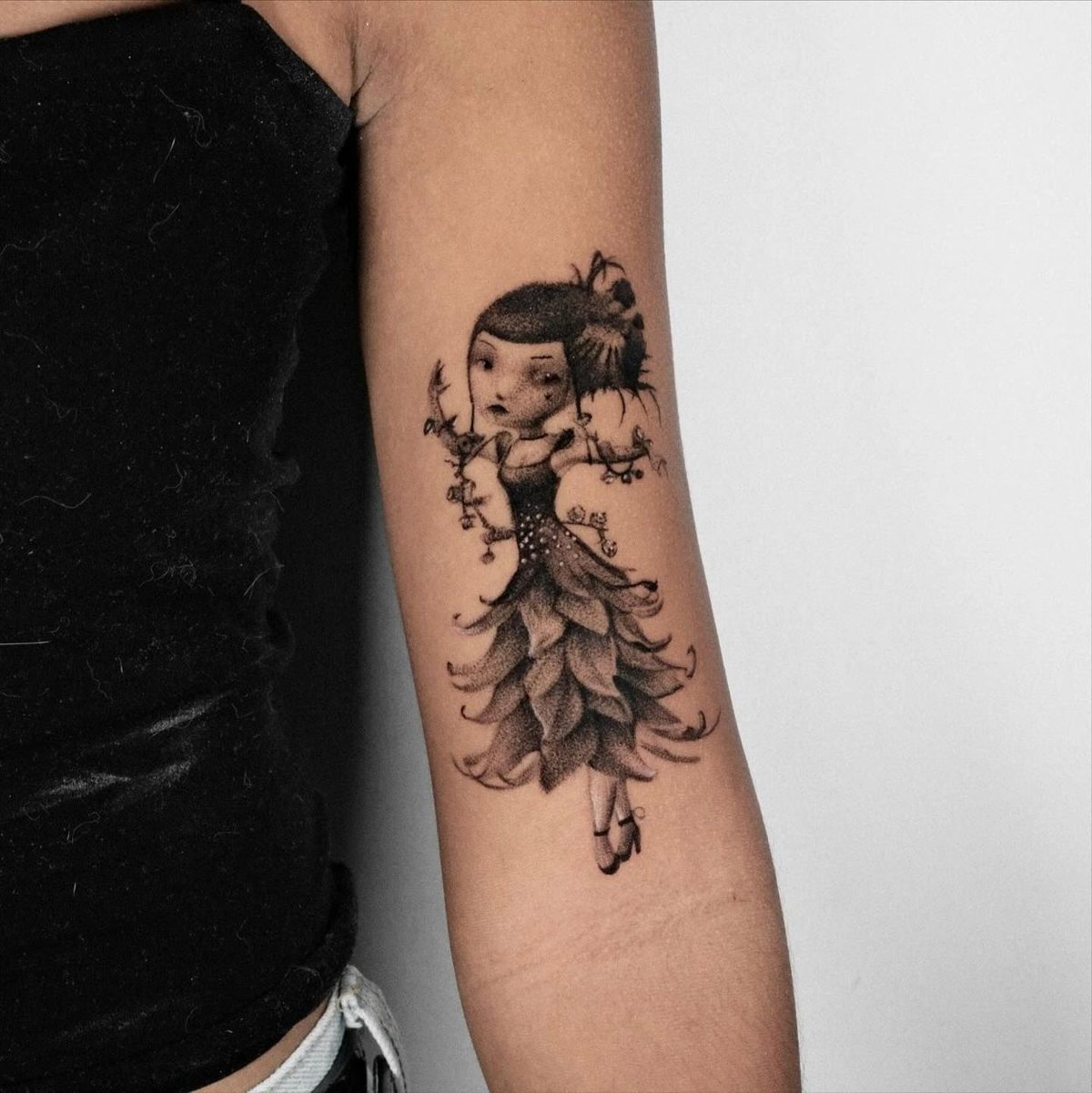 Fine Line, Birds & Botanicals tattoo by Alejandra at Baroness Tattoo, Garland TX