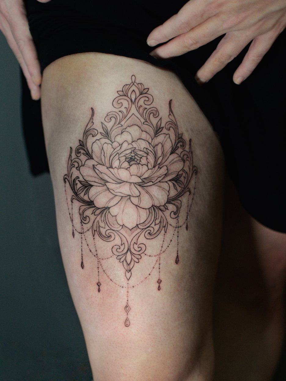 Black, Grey & Red · Fine Line & Ornamental tattoo by Anna at Baroness Tattoo, Garland TX