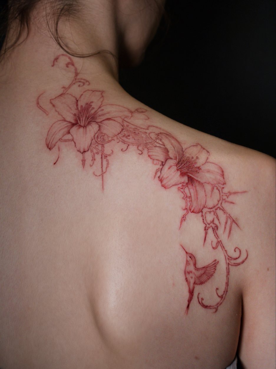 Black, Grey & Red · Fine Line & Ornamental tattoo by Anna at Baroness Tattoo, Garland TX