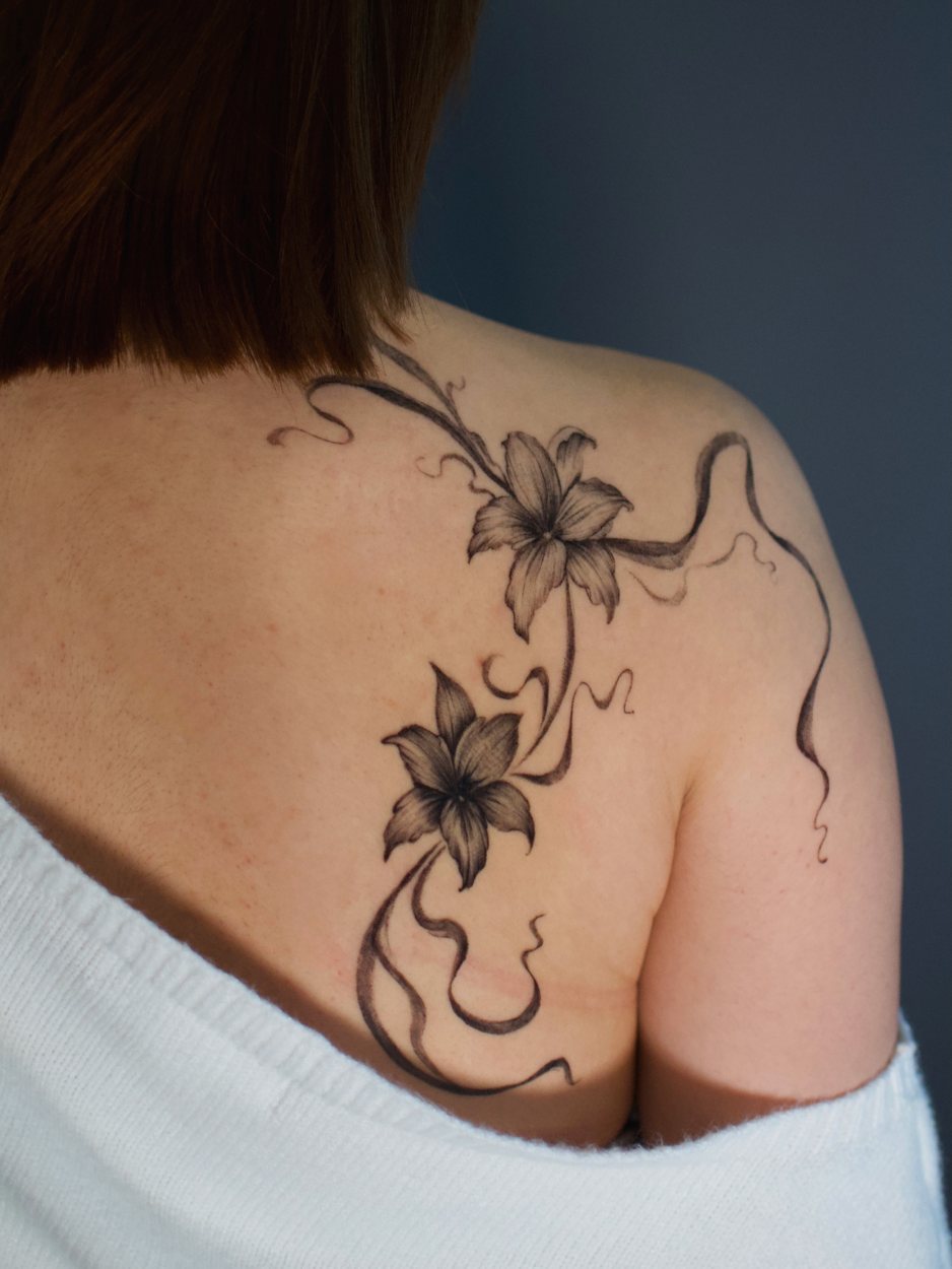 Black, Grey & Red · Fine Line & Ornamental tattoo by Anna at Baroness Tattoo, Garland TX