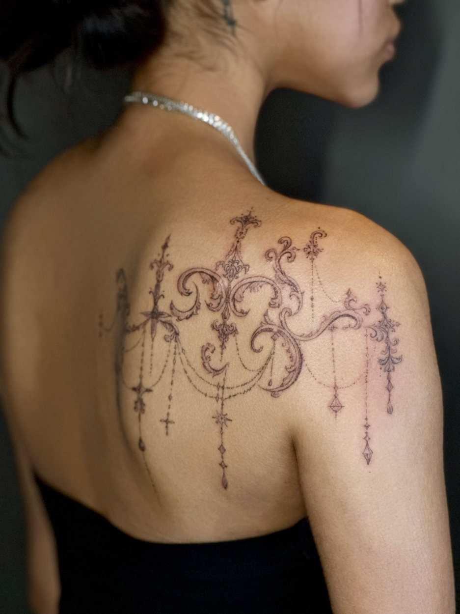 Black, Grey & Red · Fine Line & Ornamental tattoo by Anna at Baroness Tattoo, Garland TX
